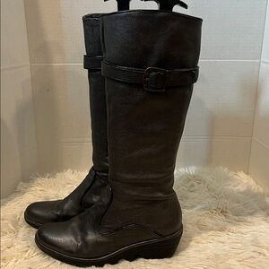 Fly London wedge heel gray leather boots.